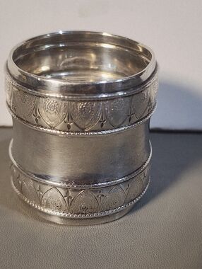 Wide Silver Or Plated Napkin Ring with Engraved Shield Motif, 1.5 W, 1.75 H "